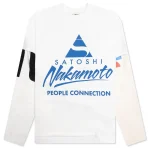 Satoshi Nakamoto Online Graphic White Shirt , printed front and sleeve graphics, contrast layered sleeves, and premium cotton streetwear design.